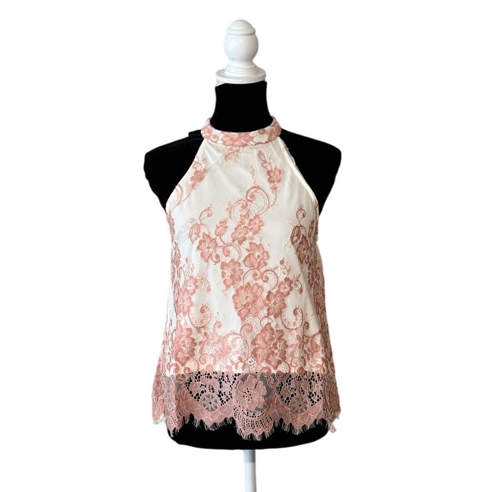 Haute Monde Womens Floral Lace Halter Top Pink Cream Scallop Hem HMT50910 NEW